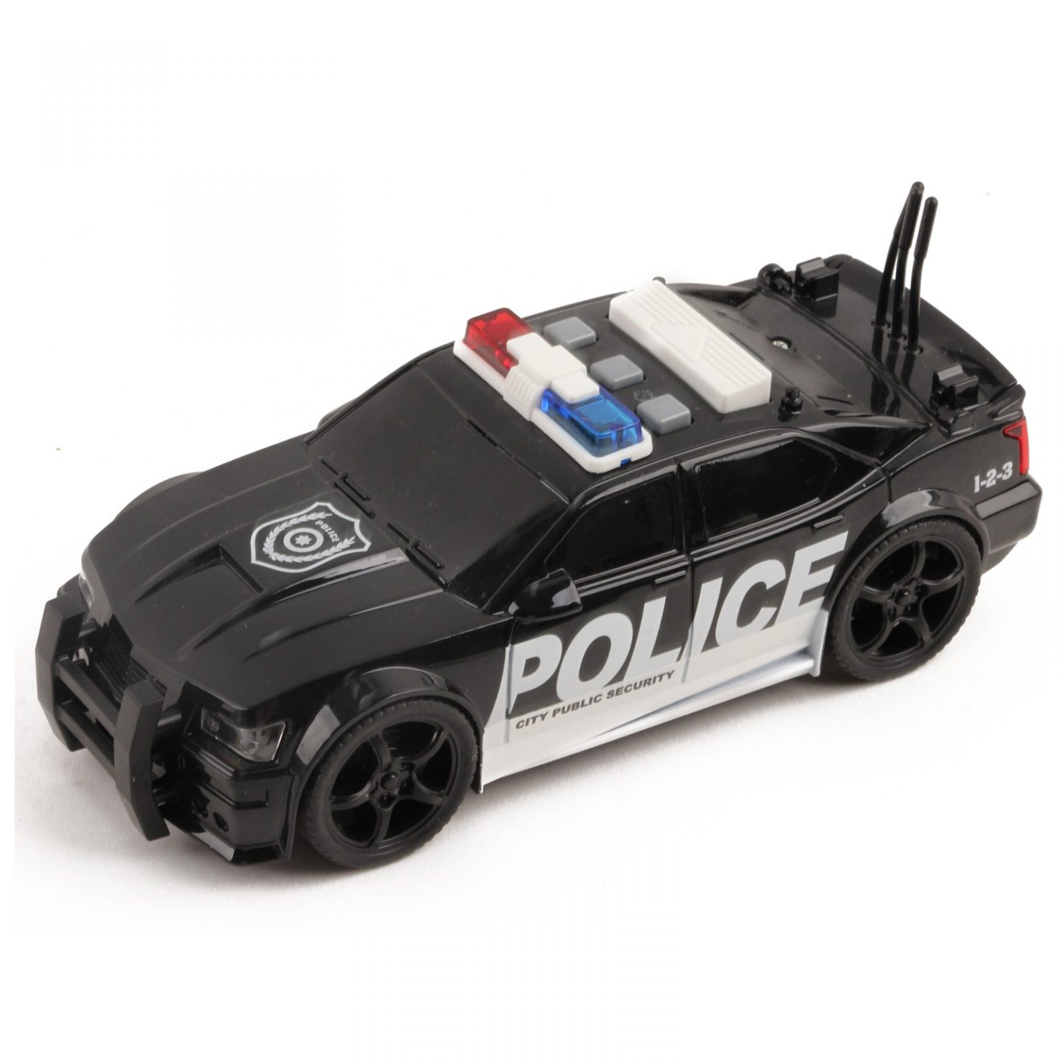 toy police cars with flashing lights and sirens