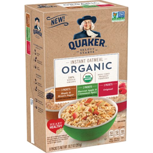Quaker Instant Oatmeal, Organic, Variety Pack, 8 Packets (3 Maple & Brown Sugar, 2 Apple & Cinnamon Spice, 3 Original)