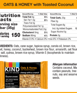 KIND Healthy Grains Granola Bar, Oats & Honey with Toasted Coconut, 5 Bars, Gluten Free, Healthy Grains Bars
