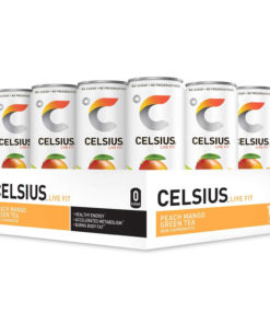 CELSIUS Peach Mango Green Tea Non-Carbonated Fitness Drink, Zero Sugar, 12oz. Slim Can, 12 Pack