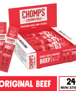 CHOMPS Grass Fed Mini Original Beef Jerky Sticks, Paleo & Keto Friendly, Whole30 Approved, Non-GMO Gluten & Sugar Free 43 Calorie Snacks, 0.5 Ounce Stick, Pack of 24