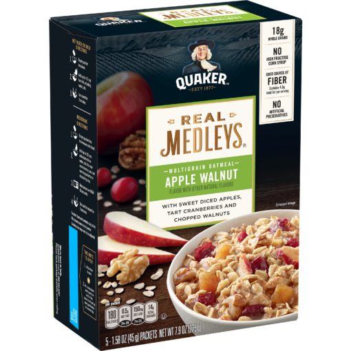 Quaker Real Medleys, Multigrain Instant Oatmeal, Apple Walnut, 5 Packets