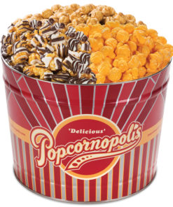 Popcornopolis Gourmet Popcorn 1.26 Gallon Tin with Caramel Corn, Cheddar Cheese, and Zebra